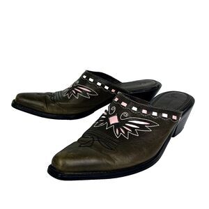 Sonora Leather Pointed Toe Mules Slide on Shoes Western Embroidered Brown Boho 8